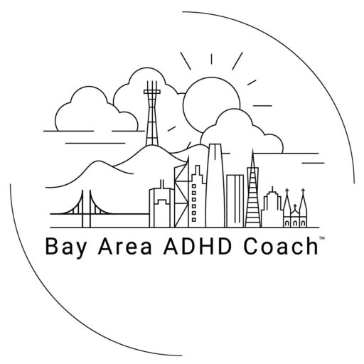 Bay Area ADHD Coach logo. Consists of a partial circle outline with the bay bridge, outline if the San Francisco skyline, hills with Sutro Tower on top, and the sun with clouds on top. ADHD coaching support. San Francisco, Bay Area, California.